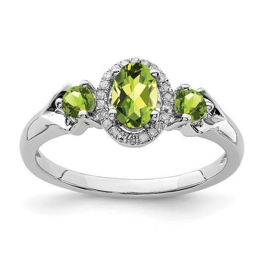 Sterling Silver Rhodium 3 Stone Peridot and Diamond Ring