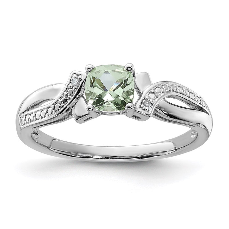 Sterling Silver Rhodium Green Quartz Diamond Ring