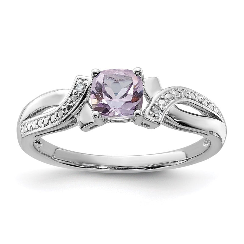Sterling Silver Rhodium Pink Quartz Diamond Ring