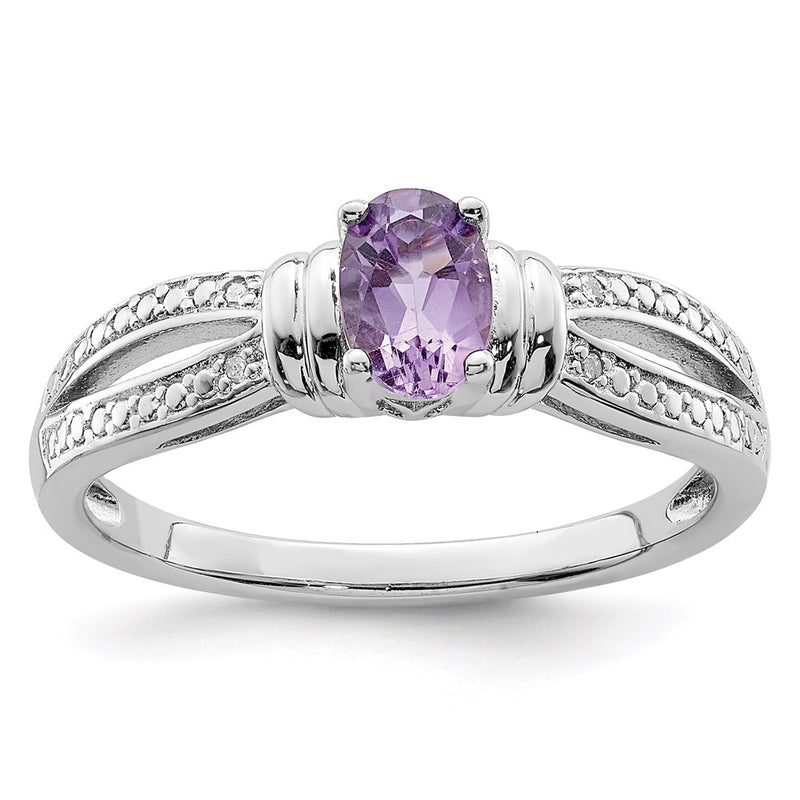 Sterling Silver Rhodium Pink Quartz Diamond Ring