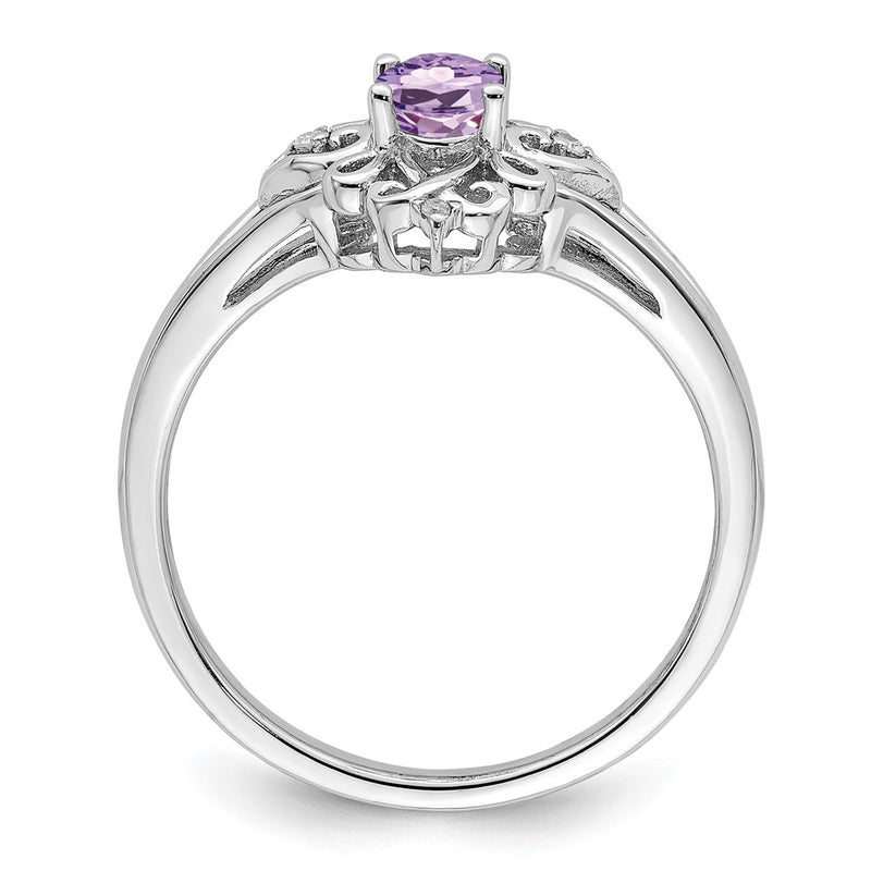 Sterling Silver Rhodium Pink Quartz Diamond Ring