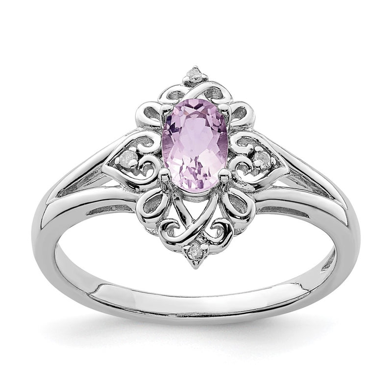 Sterling Silver Rhodium Pink Quartz Diamond Ring
