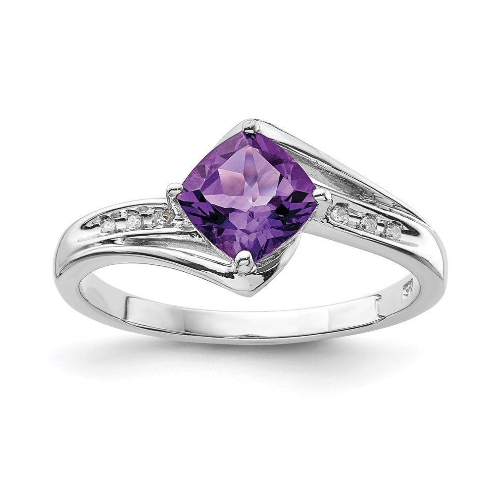 Sterling Silver Rhodium Plated Diamond and Amethyst Square Ring