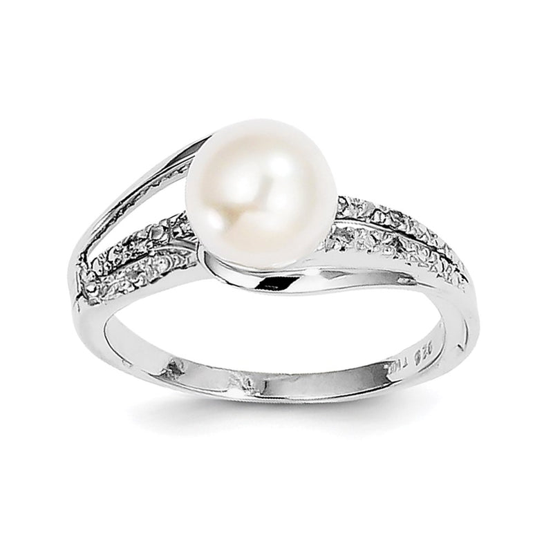 Sterling Silver Rhodium Plated Diamond and FW Cultured Pearl Ring
