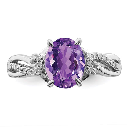 Sterling Silver Rhodium Plated Diamond and Amethyst Oval Ring