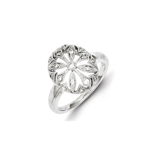 Sterling Silver Rhodium Plated Diamond Flower in Oval Ring