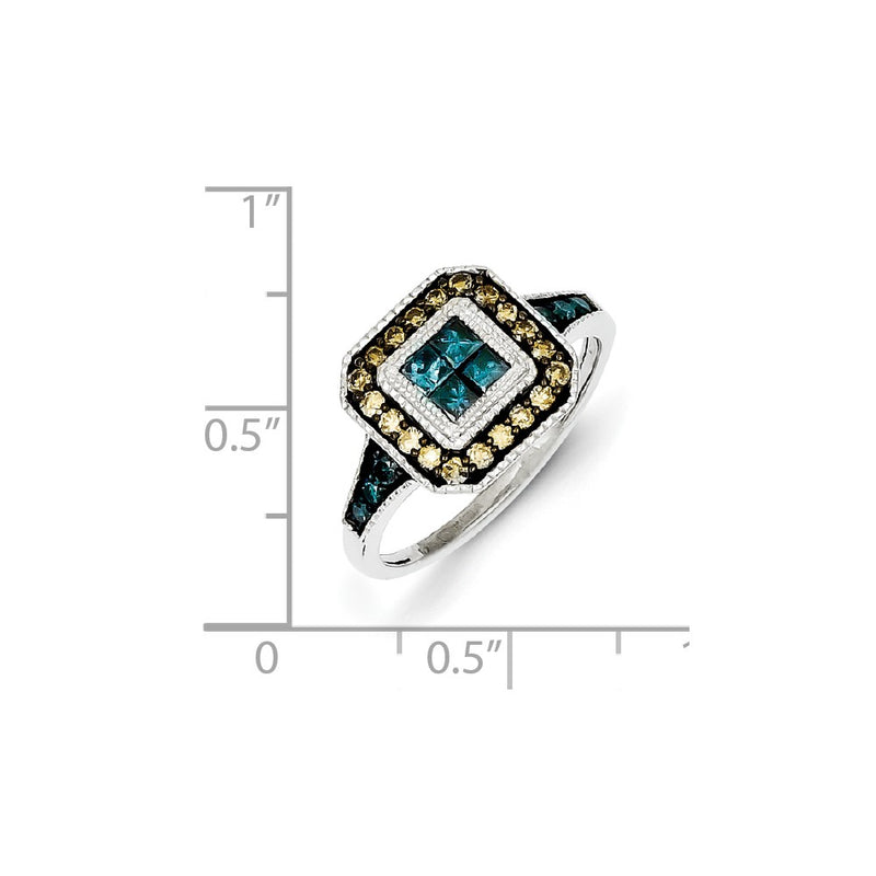 Sterling Silver Antiqued Square White, Champagne & Blue Diamond Ring