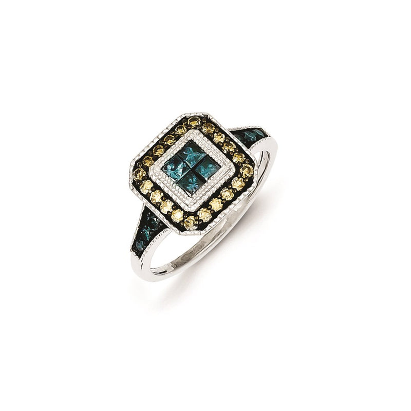 Sterling Silver Antiqued Square White, Champagne & Blue Diamond Ring
