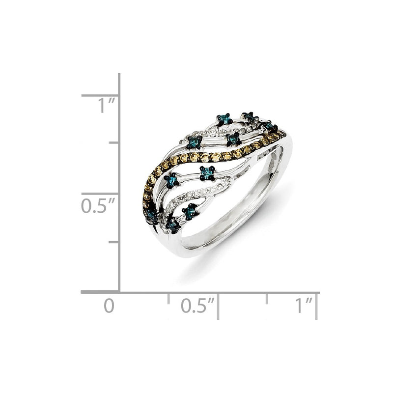 Sterling Silver Fancy Swirl Design White, Champagne & Blue Diamond Ring