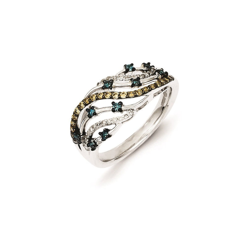 Sterling Silver Fancy Swirl Design White, Champagne & Blue Diamond Ring