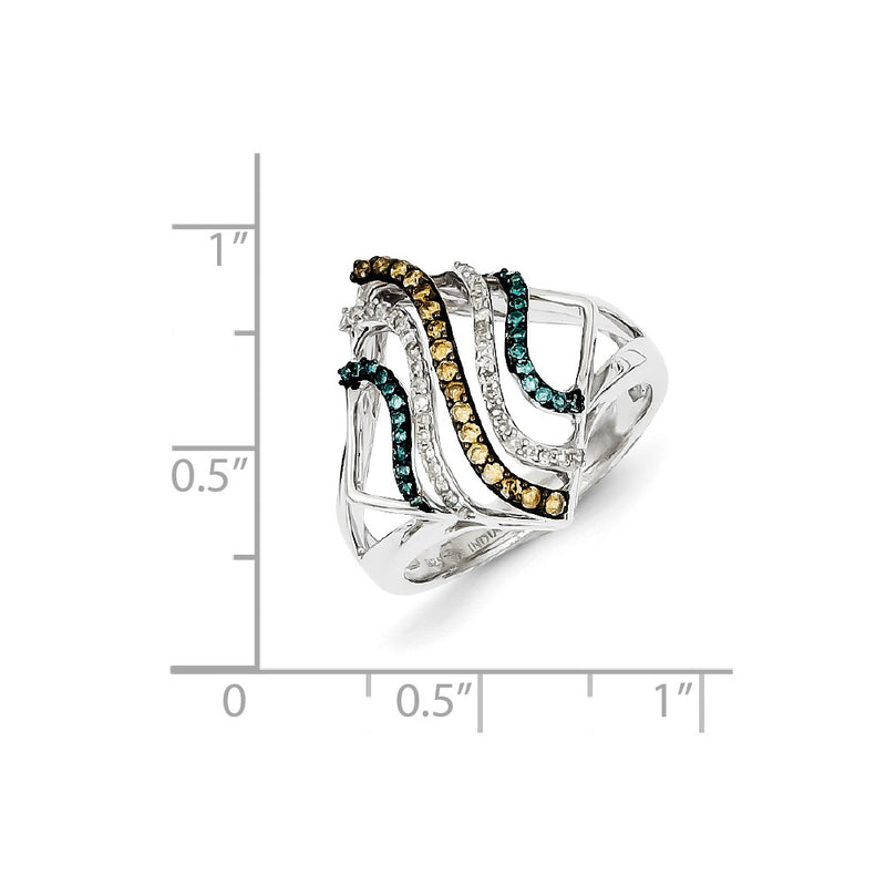 Sterling Silver Bridal Swirl Design White, Champagne & Blue Diamond Ring