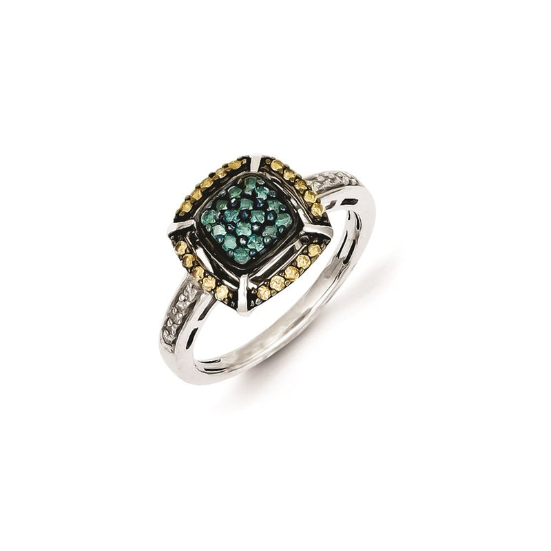 Sterling Silver Antiqued White, Champagne & Blue Diamond Ring