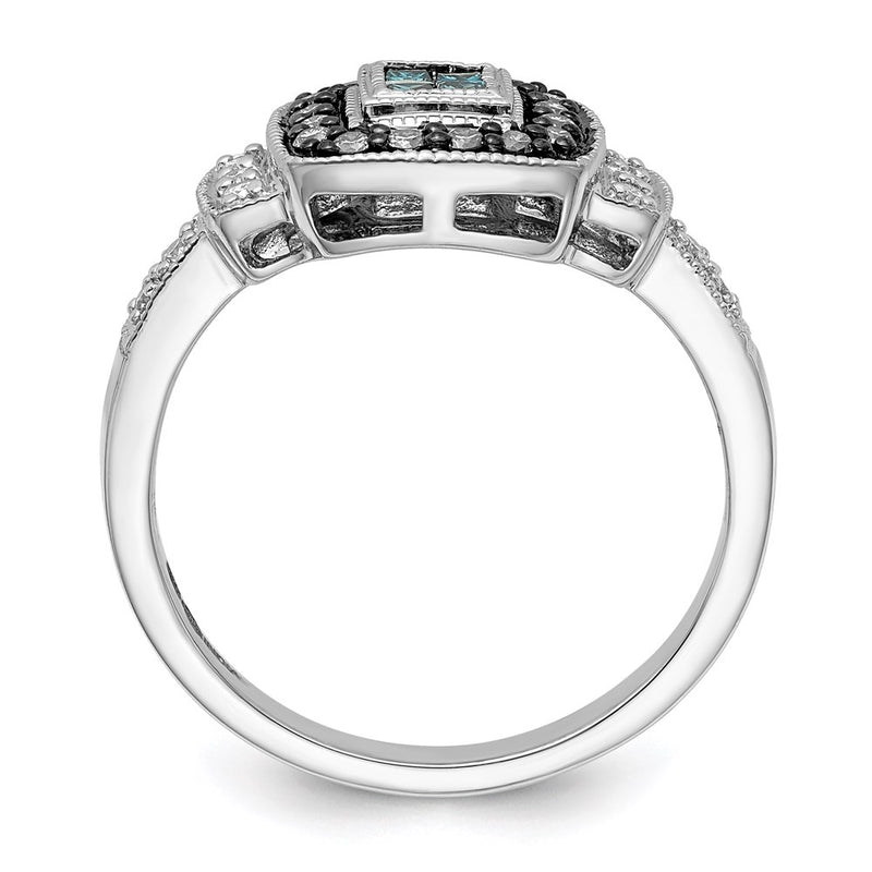 Sterling Silver Rhod Plated Square White, Champagne & Blue Diamond Ring