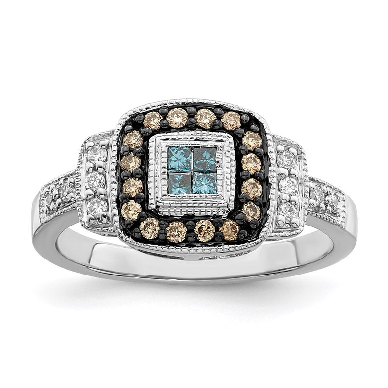 Sterling Silver Rhod Plated Square White, Champagne & Blue Diamond Ring