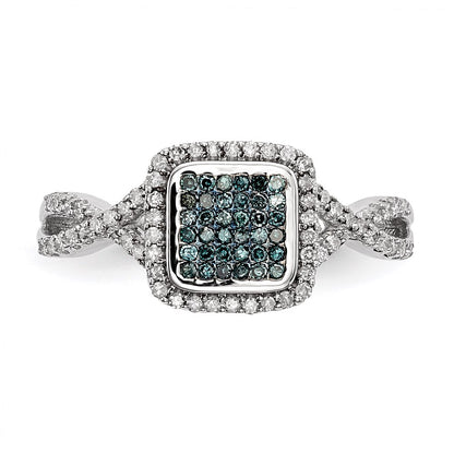 Sterling Silver with White/Blue Diamonds Square Ring