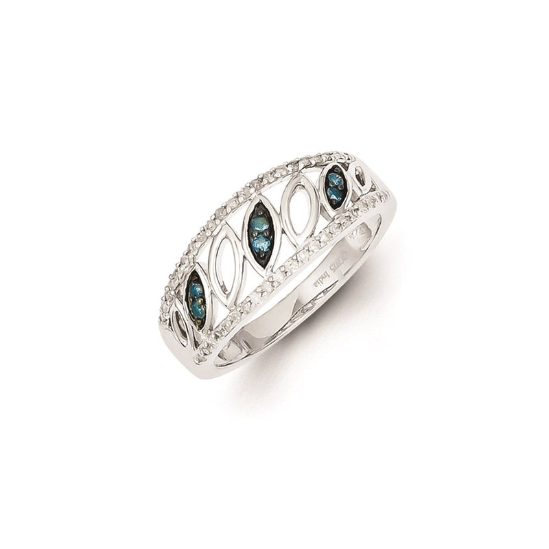 Sterling Silver Rhodium Plated Blue & White Diamond Ring