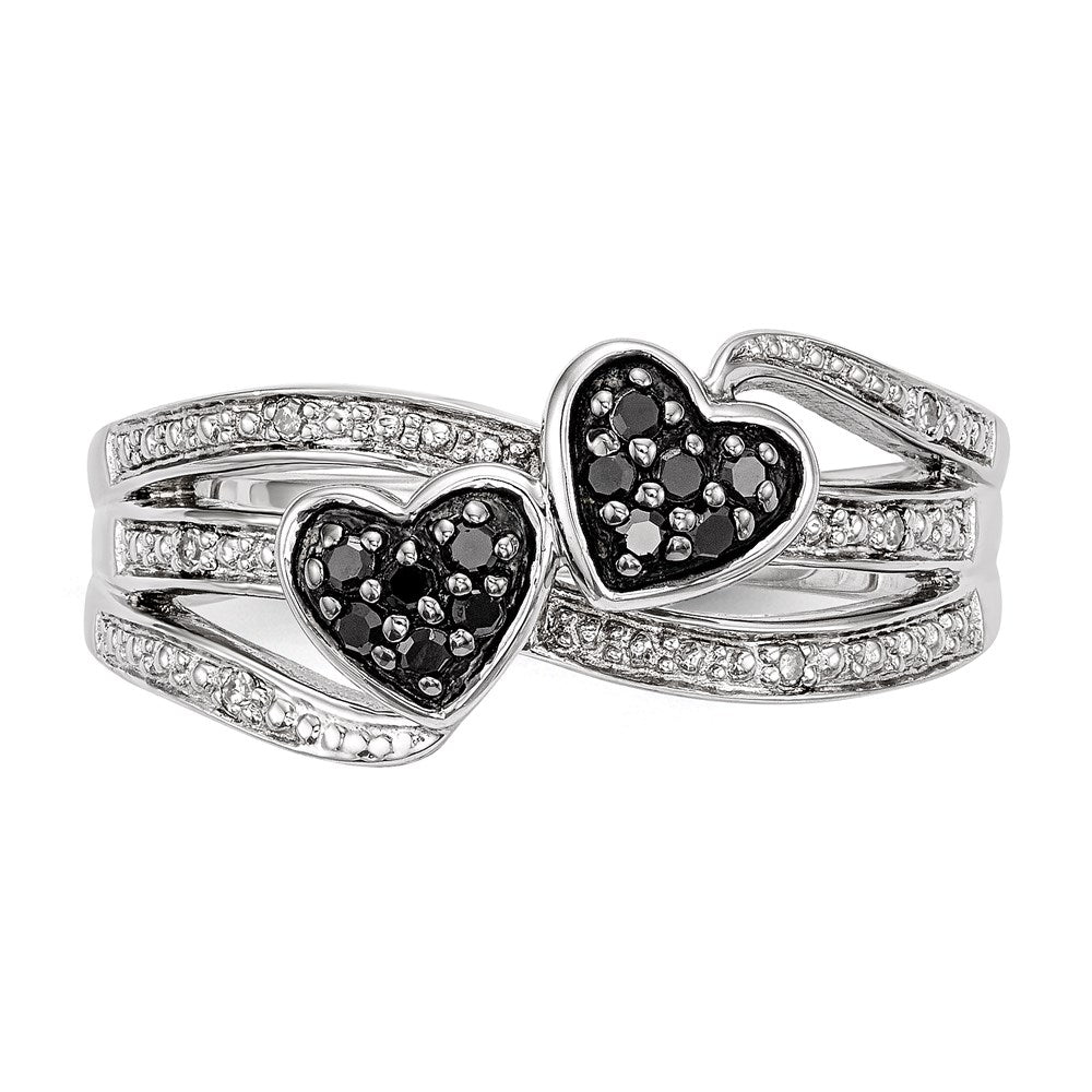 Sterling Silver White & Black Diamond Hearts Ring