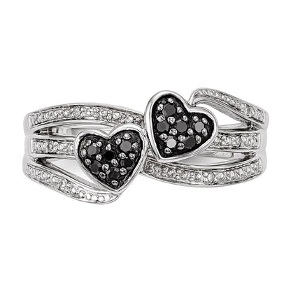 Sterling Silver White & Black Diamond Hearts Ring