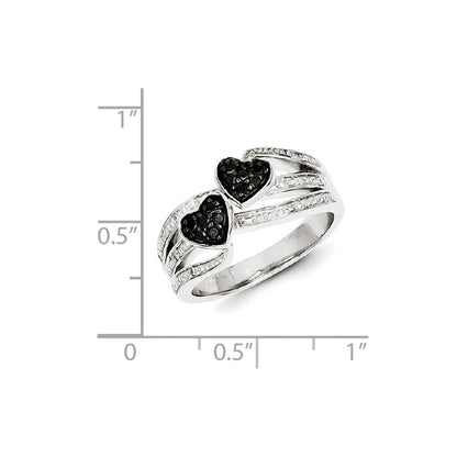 Sterling Silver White & Black Diamond Hearts Ring