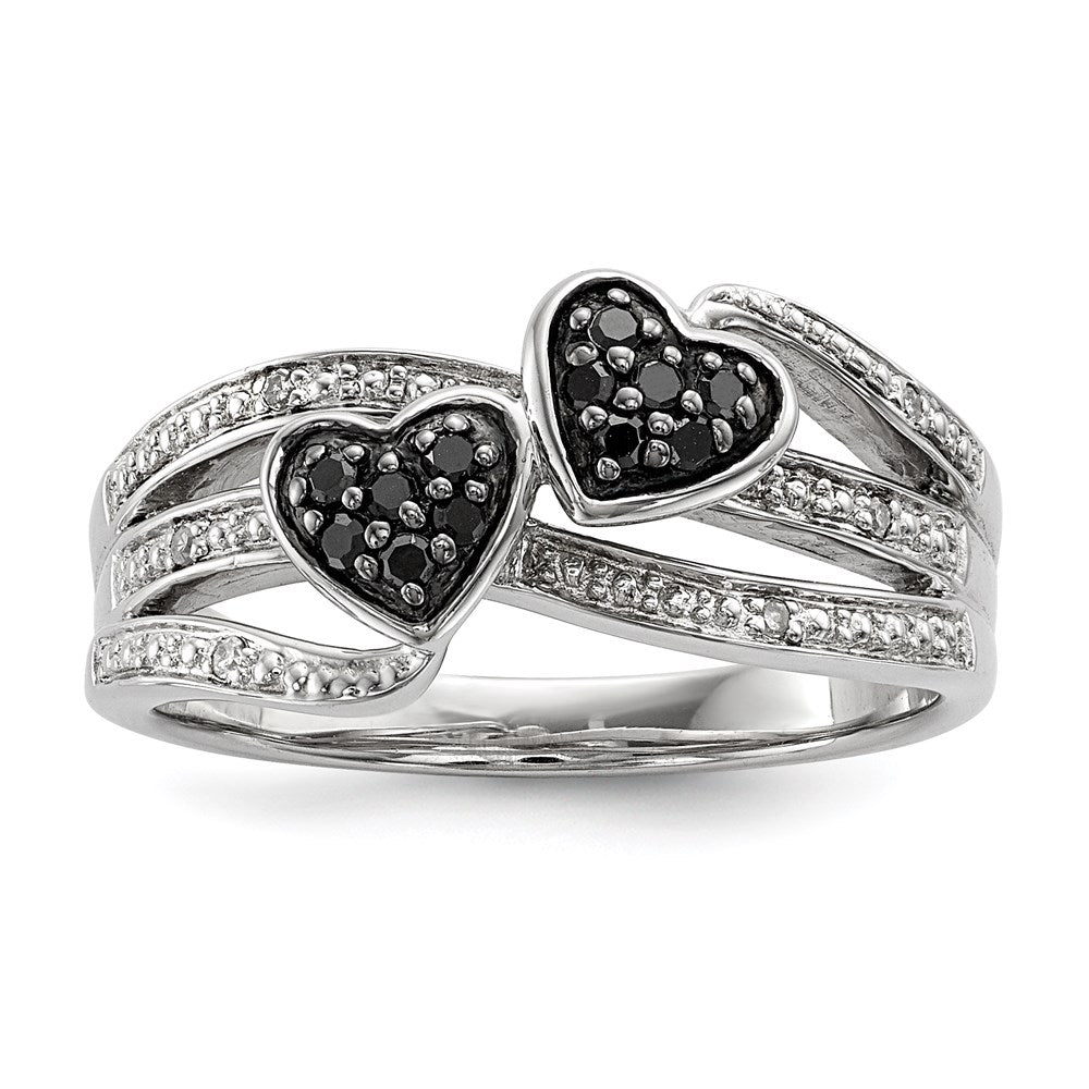 Sterling Silver White & Black Diamond Hearts Ring