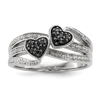 Sterling Silver White & Black Diamond Hearts Ring