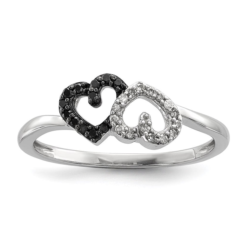 Sterling Silver Black and White Diamond Double Heart Ring