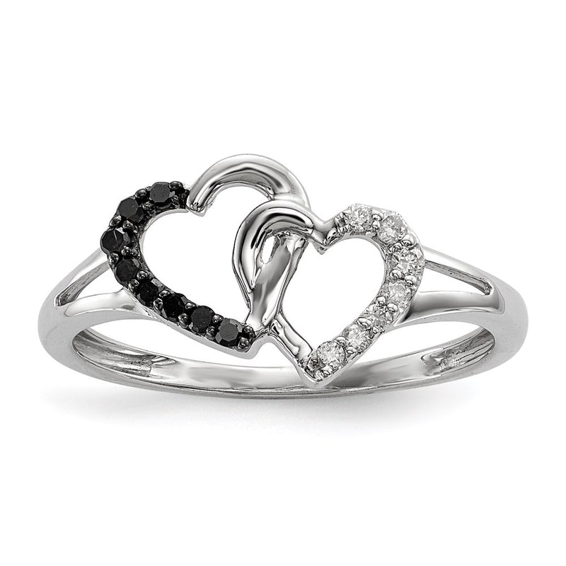 Sterling Silver Black and White Diamond Double Heart Ring