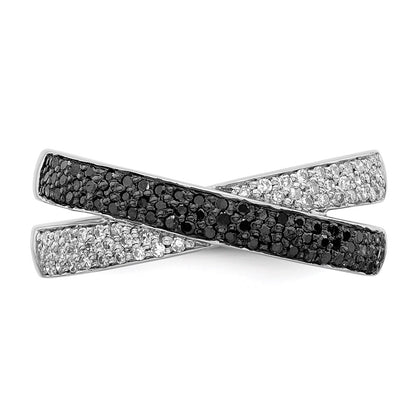 White Night Sterling Silver Rhodium-plated Black and White Diamond Criss Cross Ring