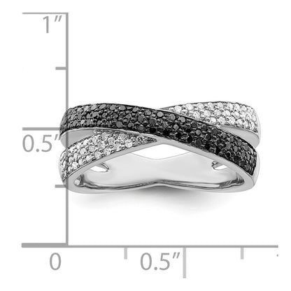 White Night Sterling Silver Rhodium-plated Black and White Diamond Criss Cross Ring