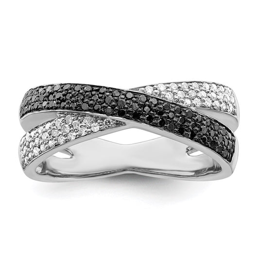 White Night Sterling Silver Rhodium-plated Black and White Diamond Criss Cross Ring