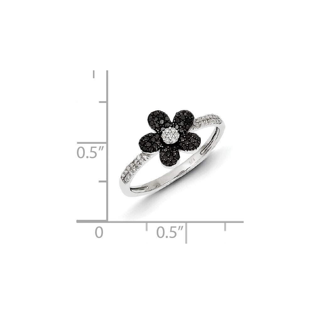 Sterling Silver Black and White Diamond Flower Ring