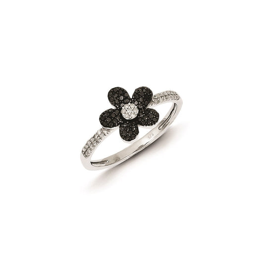 Sterling Silver Black and White Diamond Flower Ring
