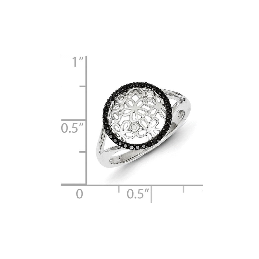 Sterling Silver Black & White Diamond Circle & Flower Ring