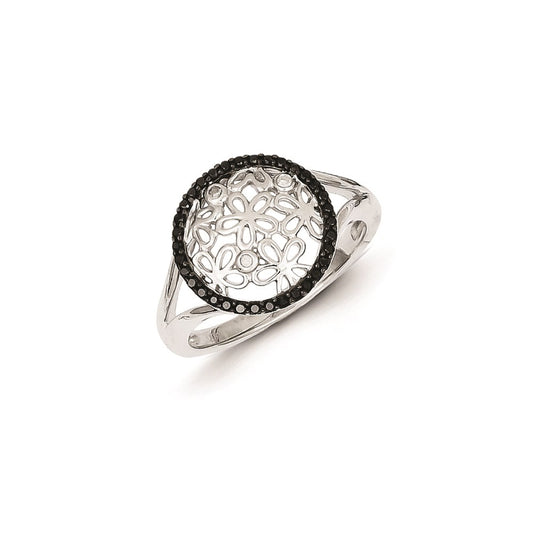 Sterling Silver Black & White Diamond Circle & Flower Ring