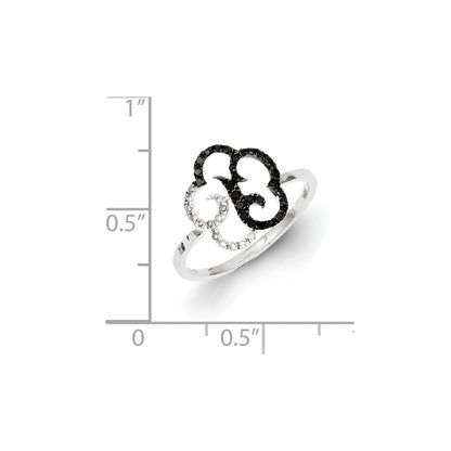 Sterling Silver Black and White Diamond Flower Ring