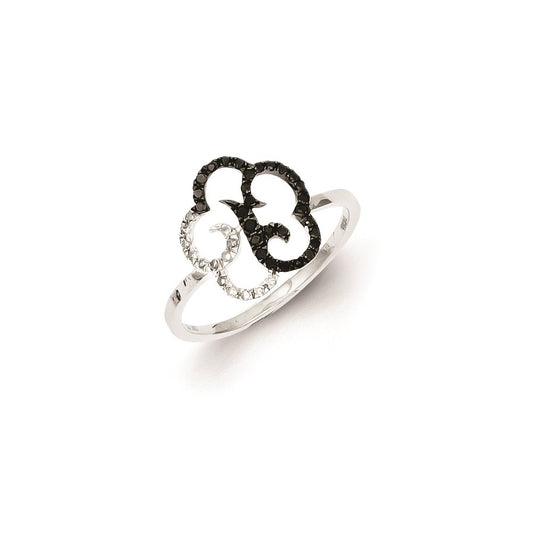 Sterling Silver Black and White Diamond Flower Ring