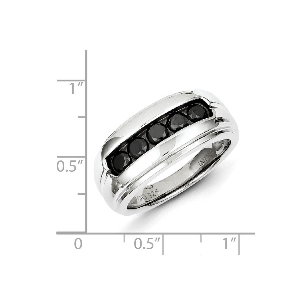 Sterling Silver & Five Black Diamond Mens Ring