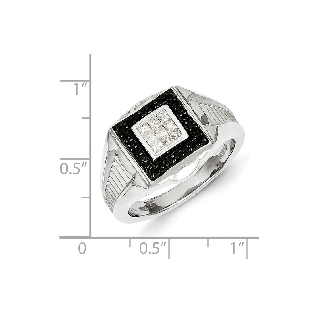 Sterling Silver Rhodium Plated Black and White Diamond Men's Ring