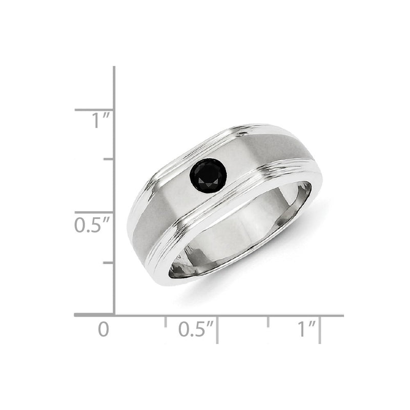 Sterling Silver Rhodium Plated Satin & Polished Diamond Men's Ring