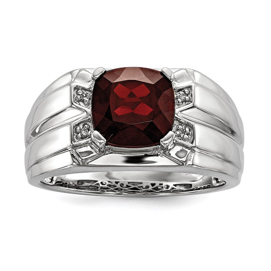 White Night Sterling Silver Rhodium-plated Garnet and Diamond Square Men's Ring