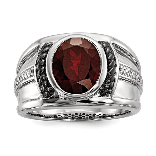 White Night Sterling Silver Black Rhodium-plated Garnet and Diamond Oval Men's Ring