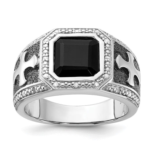 White Night Sterling Silver Black Rhodium-plated Diamond and Onyx Cross Men's Ring