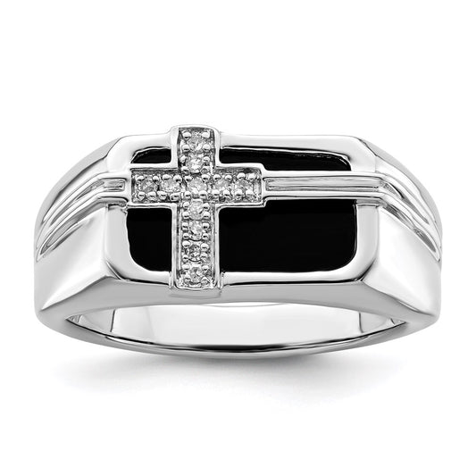 White Night Sterling Silver Rhodium-plated Diamond and Black Onyx Cross Men's Ring