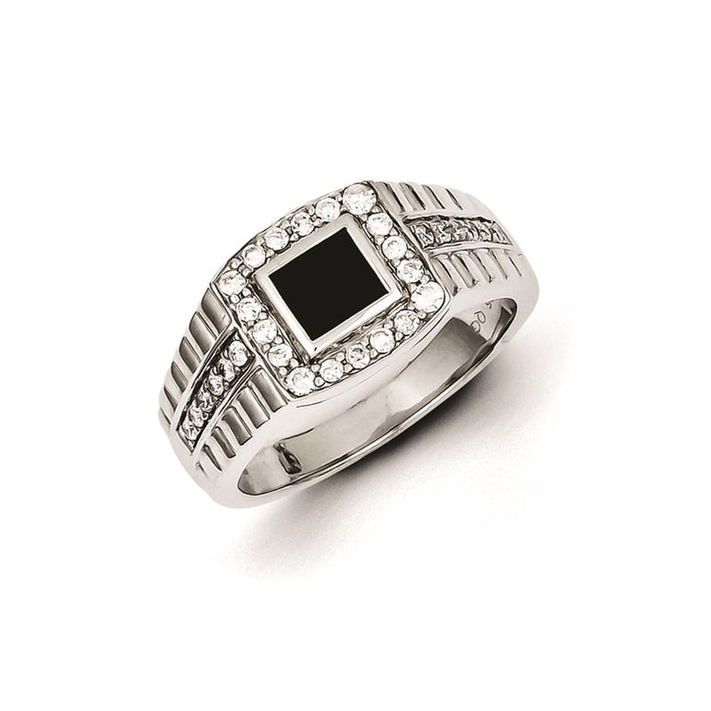 Sterling Silver Rhodium Plated Diamond & Black Onyx Men's Ring