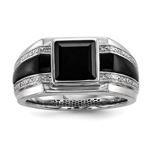 White Night Sterling Silver Rhodium-plated Diamond and Onyx Men's Ring