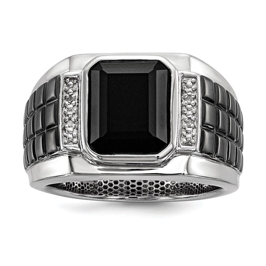 White Night Sterling Silver Black Rhodium-plated Diamond and Onyx Square Men's Ring