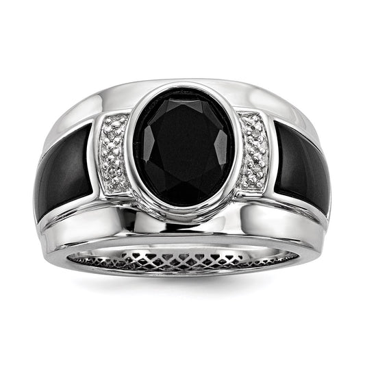 White Night Sterling Silver Rhodium-plated Diamond and Onyx Men's Ring