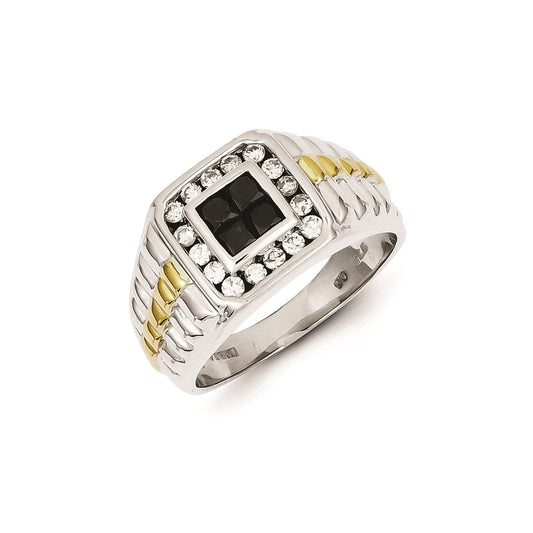 Sterling Silver and Gold Plated Black & White Diamond Square Men's Ring