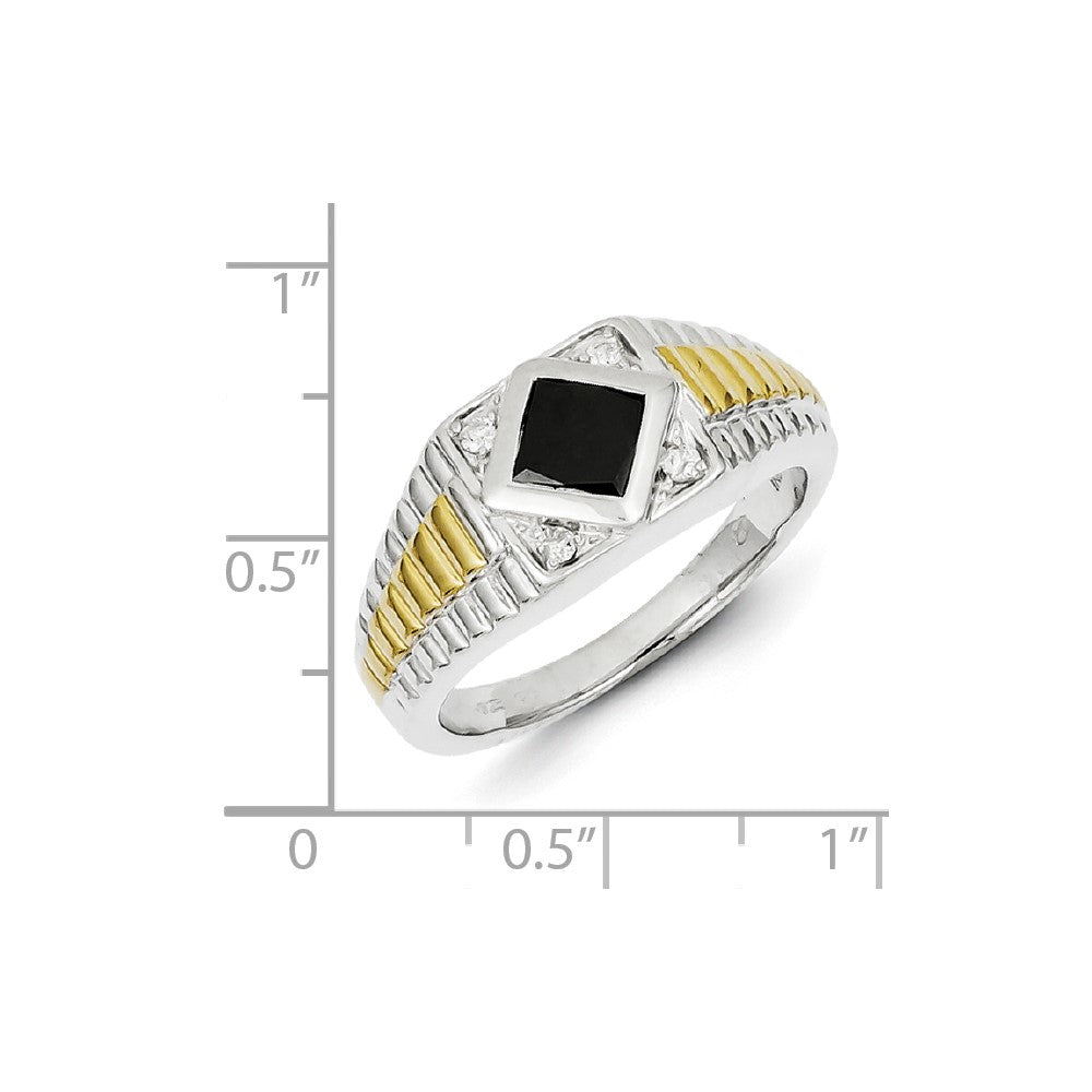 Sterling Silver w/ Gold Plating Black & White Diamond Mens Ring