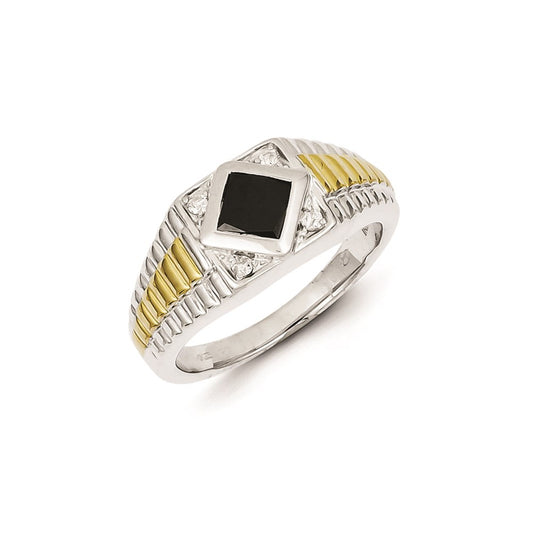 Sterling Silver w/ Gold Plating Black & White Diamond Mens Ring